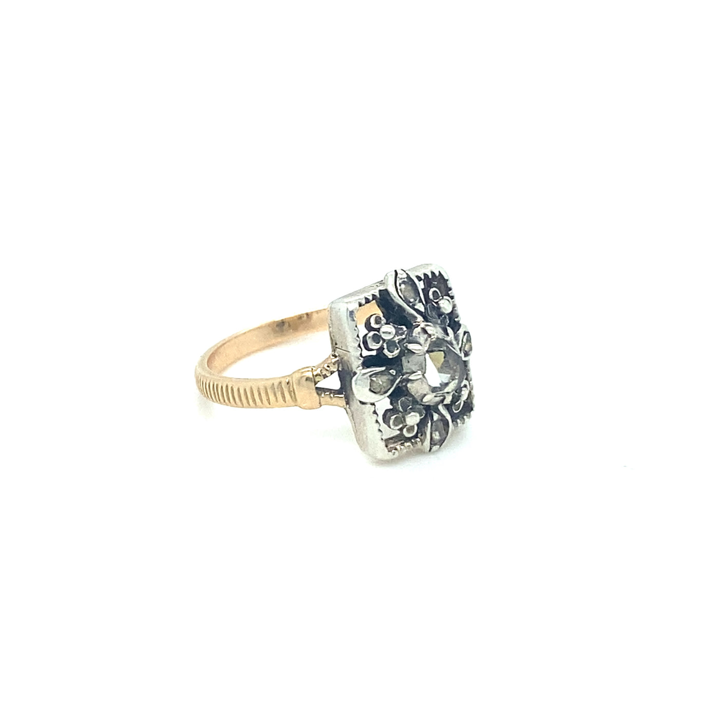 Floral Square - Antiker Ring mit Diamantrose