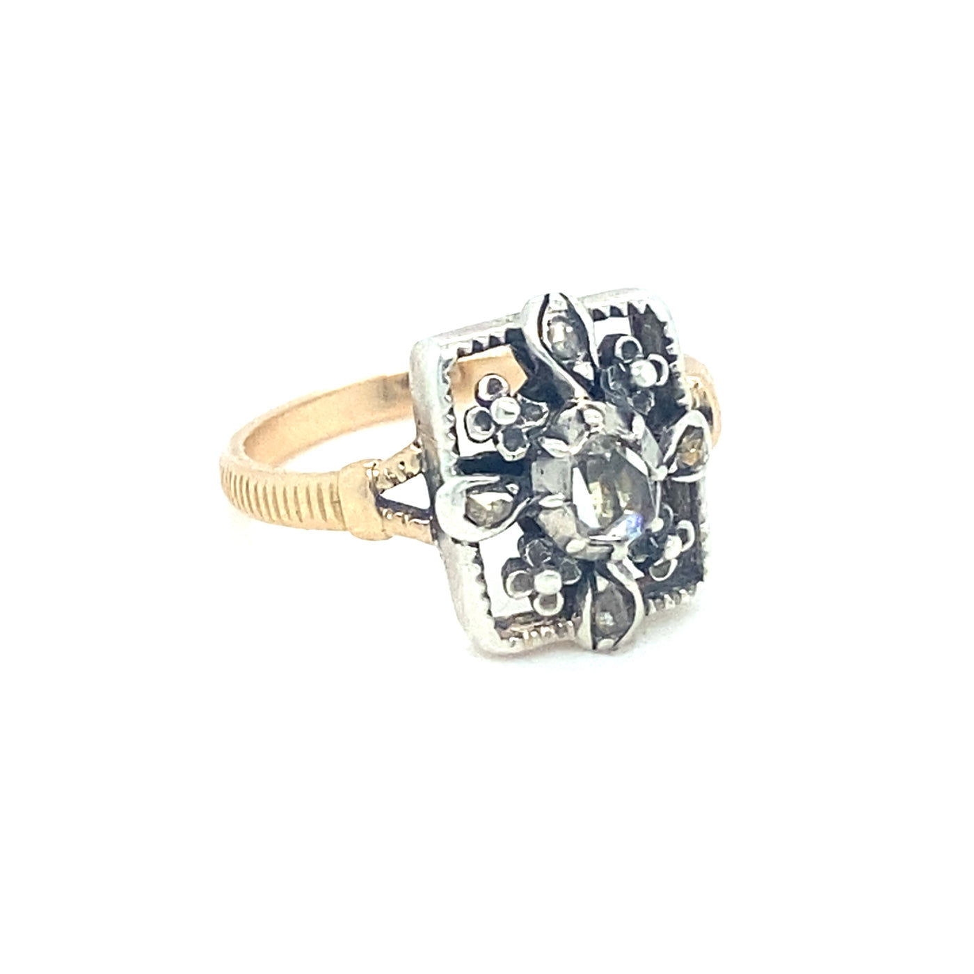 Floral Square - Antiker Ring mit Diamantrose