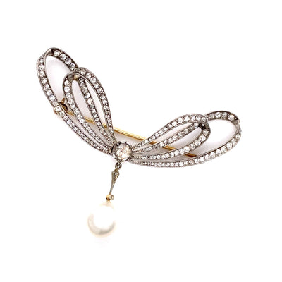Take a bow - Feine Schleifenbrosche mit Diamanten und Perle
