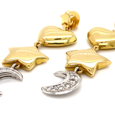 Heart, Moon and Stars - Verspielte, lange Goldohrringe