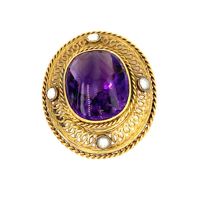 Ovale Goldbrosche mit großem Amethyst und Perlen