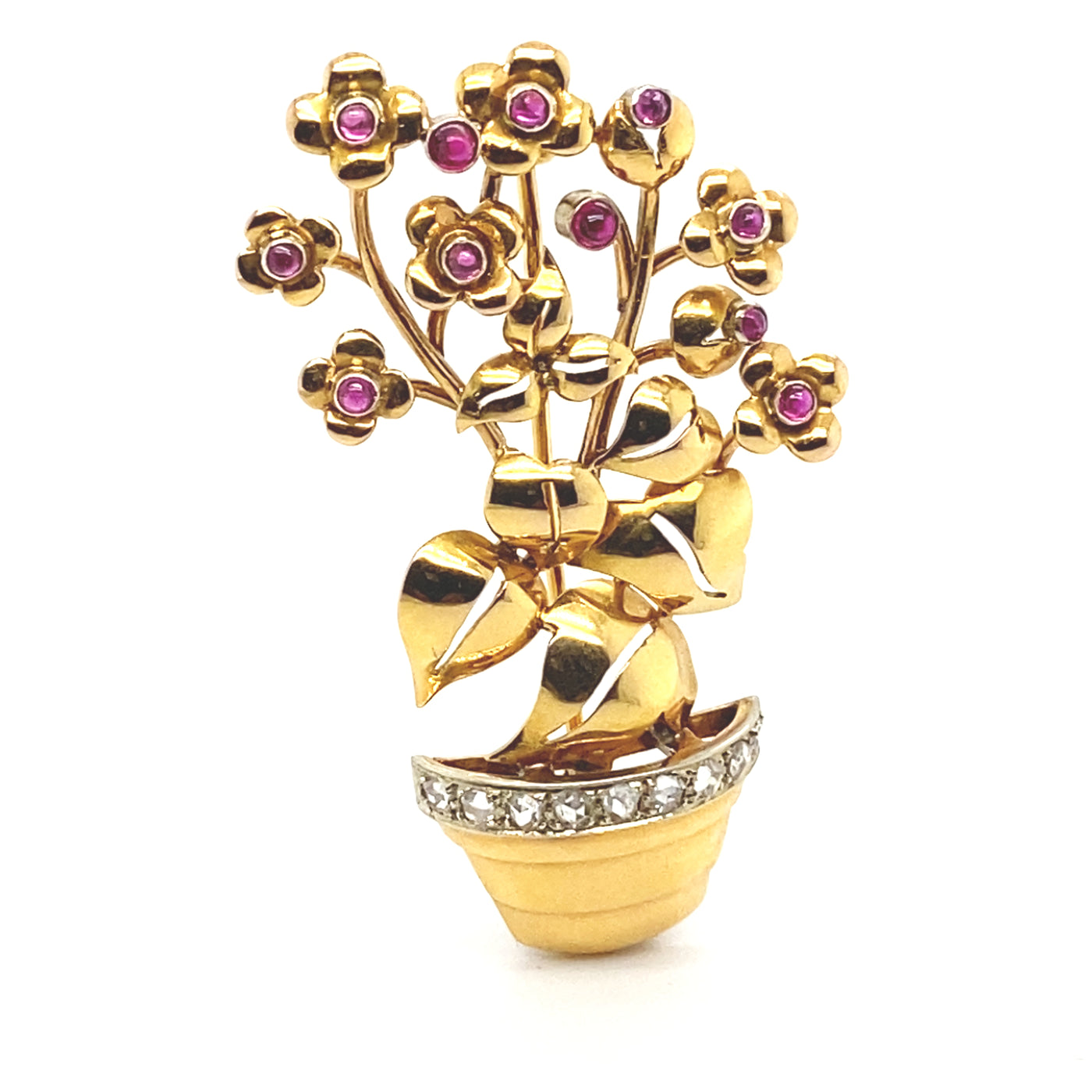 Goldene Blumentopfbrosche mit Rubinen und Diamanten